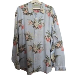 Tommy Bahama Light Blue Floral Hibiscus Long Sleeve Linen Blend Shirt